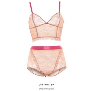 Off-White Lace Bra and Panty Set in Tan and Pink